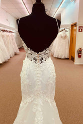 White Lace Straps Backless Trumpet Long Wedding Dress